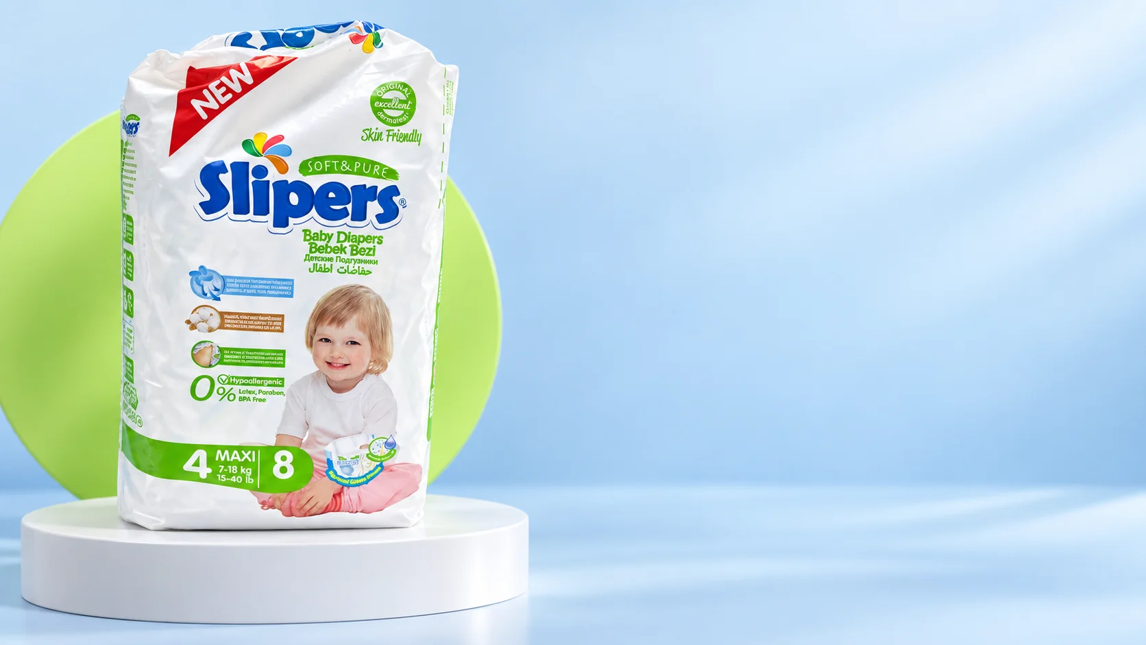 عرض إعلاني لعبوة حفاضات Slipers Soft & Pure